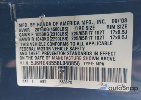 2008 Honda Cr-V Ex z USA, uszkodzony, nr VIN 5J6RE48558L048856